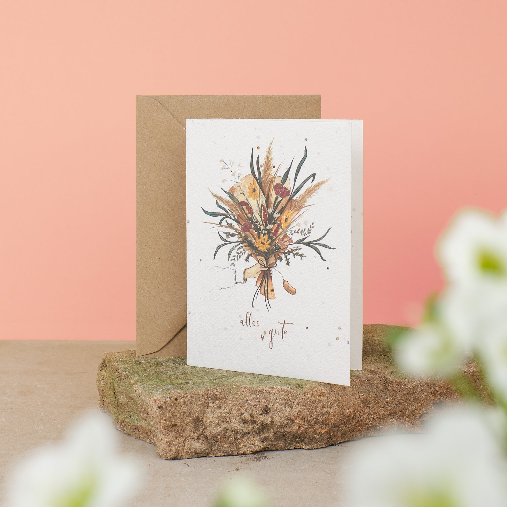 Einpflanzbare Faltkarte mit Blumenstrauß als Motiv und Schriftzug Alles Gute