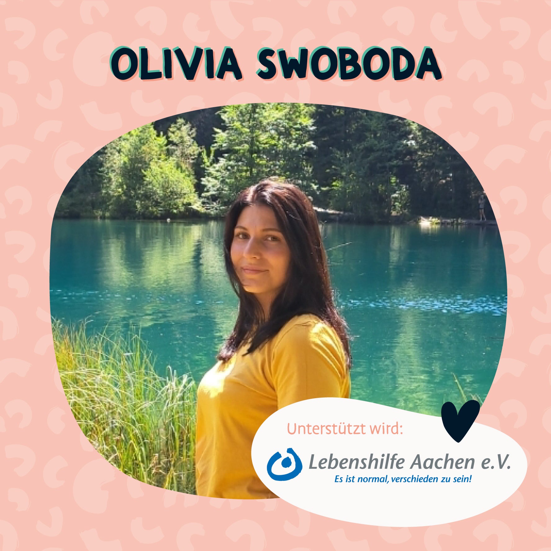 Ein Foto von Olivia Swoboda - eine Gewinnerin der Wachsende Kunst - an einem See. Unterstützt beim Kauf einer Karte wird die Lebenshilfe Aachen e.V.
